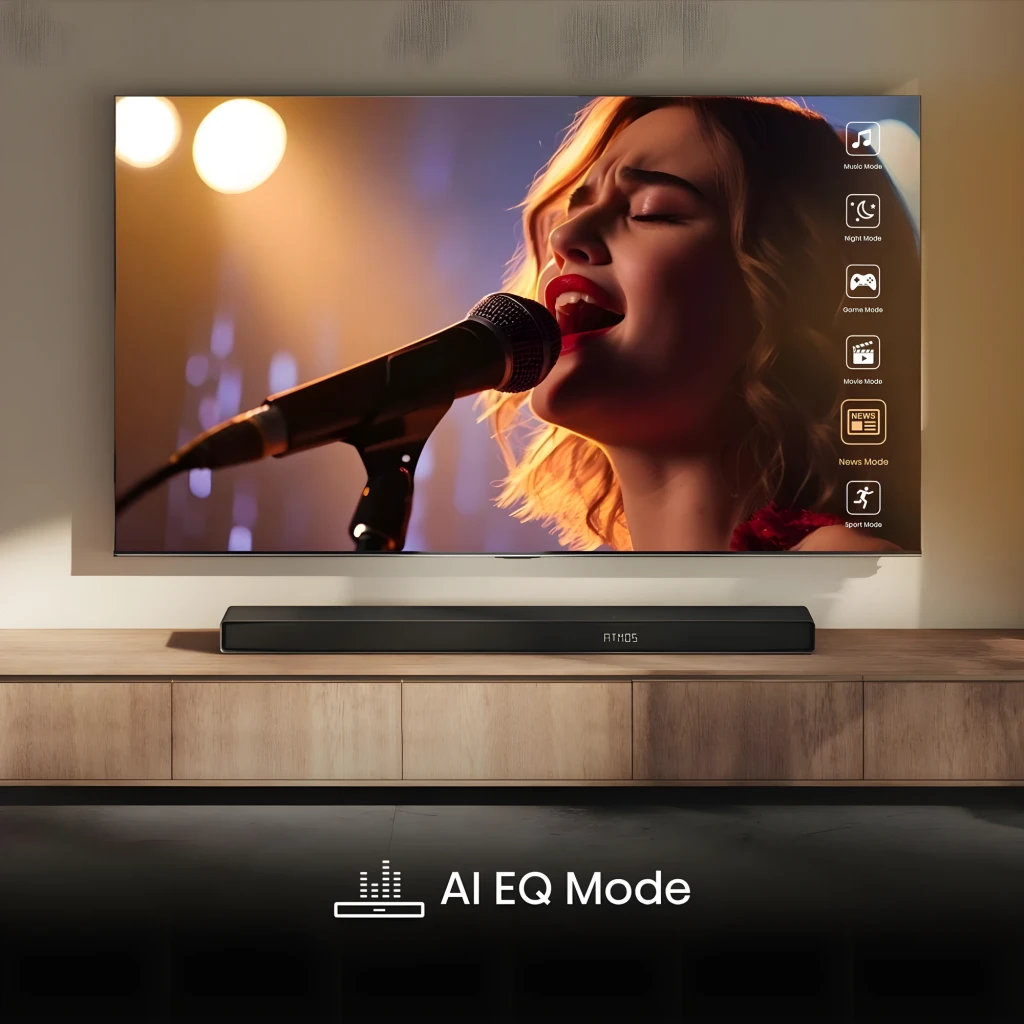 Hisense Barre de son AX5140Q Noir, vue ensemble: barre frontale logo ATMOS, caisson de basses et deux enceintes arrière - Ítem9
