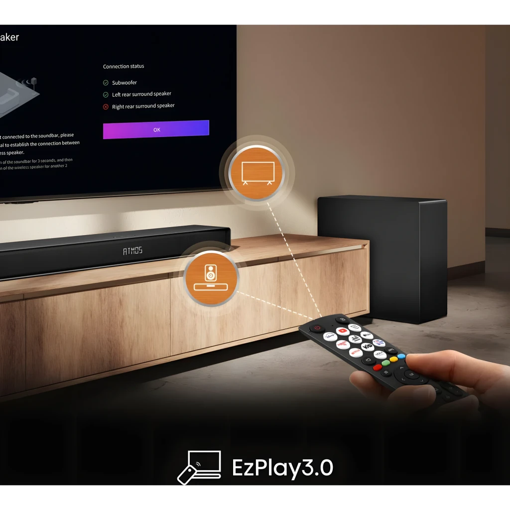 Hisense Barre de son AX5140Q Noir, vue ensemble: barre frontale logo ATMOS, caisson de basses et deux enceintes arrière - Ítem10
