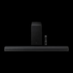 Samsung Barre de son HW-B750F 5.1 400W noir, vue de face: barre, caisson de basses sans fil et télécommande