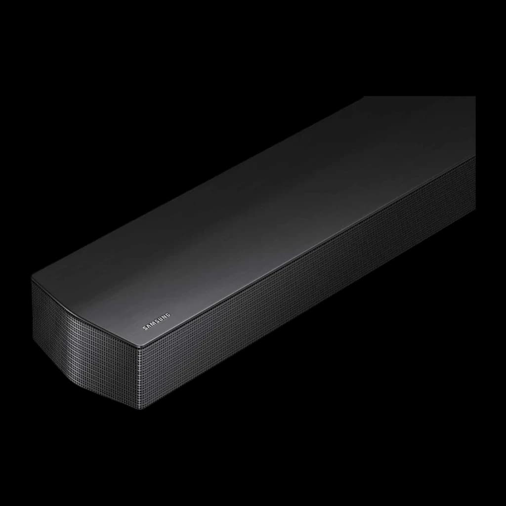 Samsung Barre de son HW-B750F 5.1 400W noir, vue en perspective: dessus plat, grille frontale et logo Samsung visibles