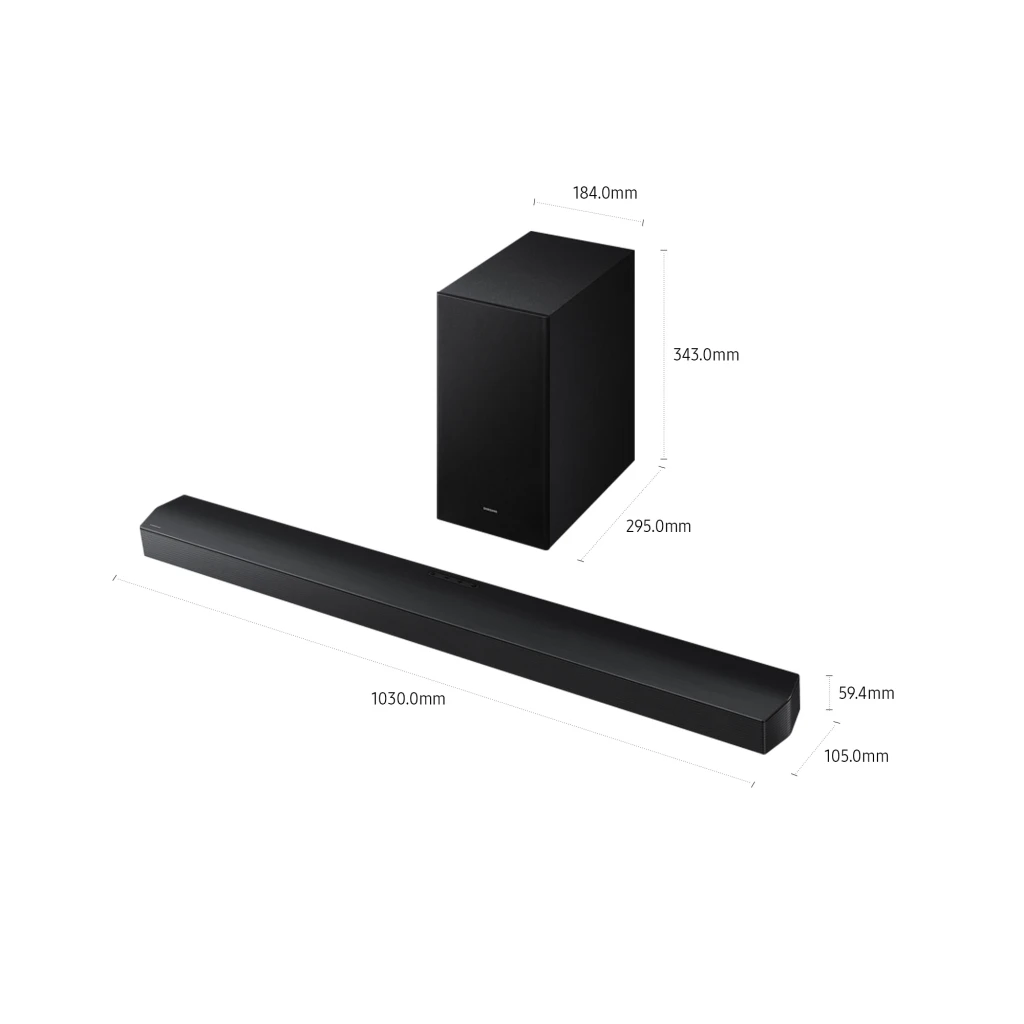 Samsung Barre de son HW-B750F 5.1 400W noir, vue de face: barre, caisson de basses sans fil et télécommande - Ítem4