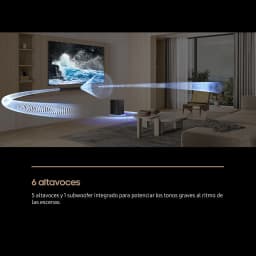 Samsung Barre de son HW-B750F 5.1 400W Noir, scène salon: barre et caisson noir avec ondes sonores animées dans un salon