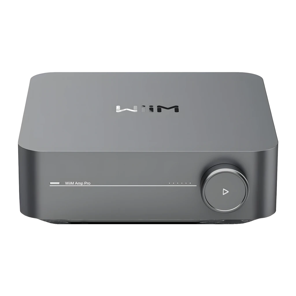 WiiM Amp Pro Multiroom Streaming Gris, vue avant-dessus: logo WiiM, bouton rotatif et lecture sur la façade - Ítem1