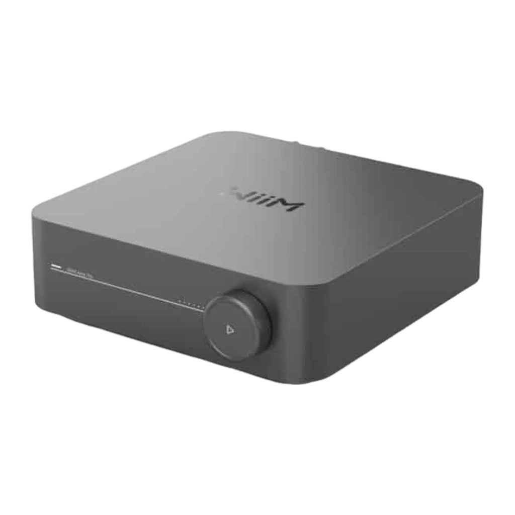 WiiM Amp Pro Multiroom Streaming Gris, vue avant-dessus: logo WiiM, bouton rotatif et lecture sur la façade - Ítem2