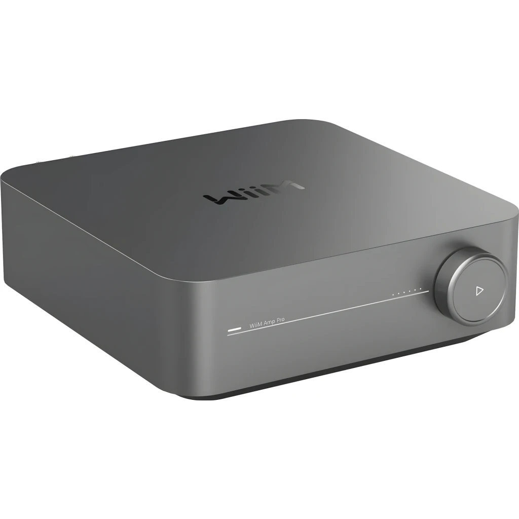 WiiM Amp Pro Multiroom Streaming Gris, vue avant-dessus: logo WiiM, bouton rotatif et lecture sur la façade - Ítem3