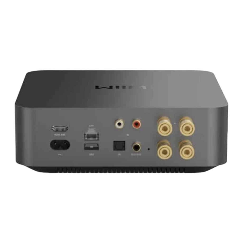 WiiM Amp Pro Multiroom Streaming Gris, vue avant-dessus: logo WiiM, bouton rotatif et lecture sur la façade - Ítem4
