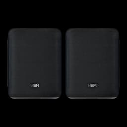 WiiM Sound Lite Negro Pack de 2, vista frontal: dos altavoces con rejilla textil negra y logo WiiM centrado