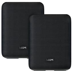 WiiM Sound Lite negro Pack de 2, vista frontal: dos altavoces con rejilla textil negra y logo WiiM centrado
