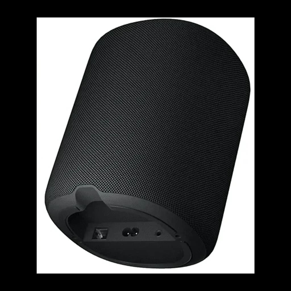 WiiM Sound Lite negro Pack 2, vista trasera inferior: rejilla textil, base con puertos de conexión visibles