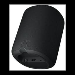 WiiM Sound Lite negro Pack 2, vista trasera inferior: rejilla textil, base con puertos de conexión visibles