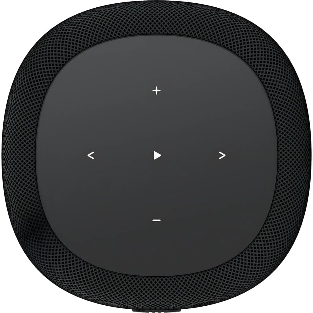 WiiM Sound Lite Negro Pack 2, vista superior: panel táctil con botones de volumen y reproducción sobre rejilla textil
