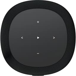 WiiM Sound Lite Negro Pack 2, vista superior: panel táctil con botones de volumen y reproducción sobre rejilla textil