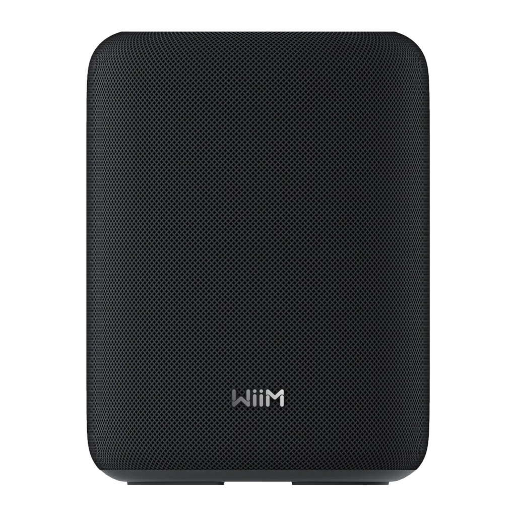 WiiM Sound Lite Preto Pack de 2, vista frontal: dois altifalantes com grelha têxtil preta e logótipo WiiM centrado - Item2