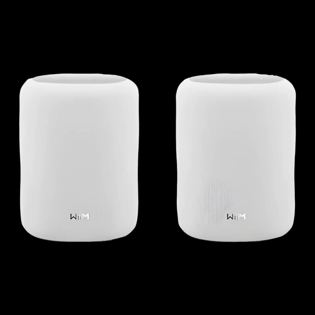 WiiM Sound Lite Twin Pack blanco, vista frontal: dos altavoces blancos cilíndricos con logo WiIM, rejilla lateral visible en