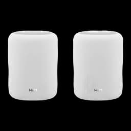 WiiM Sound Lite Twin Pack blanco, vista frontal: dos altavoces blancos cilíndricos con logo WiIM, rejilla lateral visible en