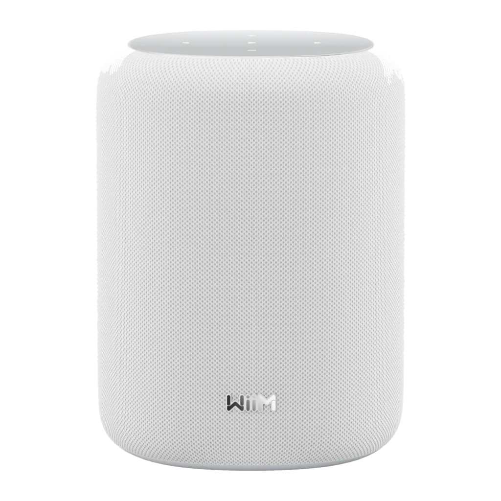 WiiM Sound Lite Twin Pack branco, vista frontal: dois altifalantes brancos cilíndricos com logo WiIM, grelha lateral visível - Item1
