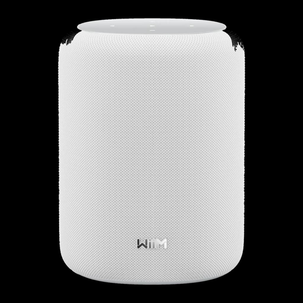 WiiM Sound Lite Twin Pack blanco, vista frontal: altavoz cilíndrico con rejilla textil, logo WiiM y panel superior blanco