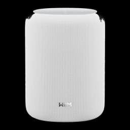WiiM Sound Lite Twin Pack blanco, vista frontal: altavoz cilíndrico con rejilla textil, logo WiiM y panel superior blanco