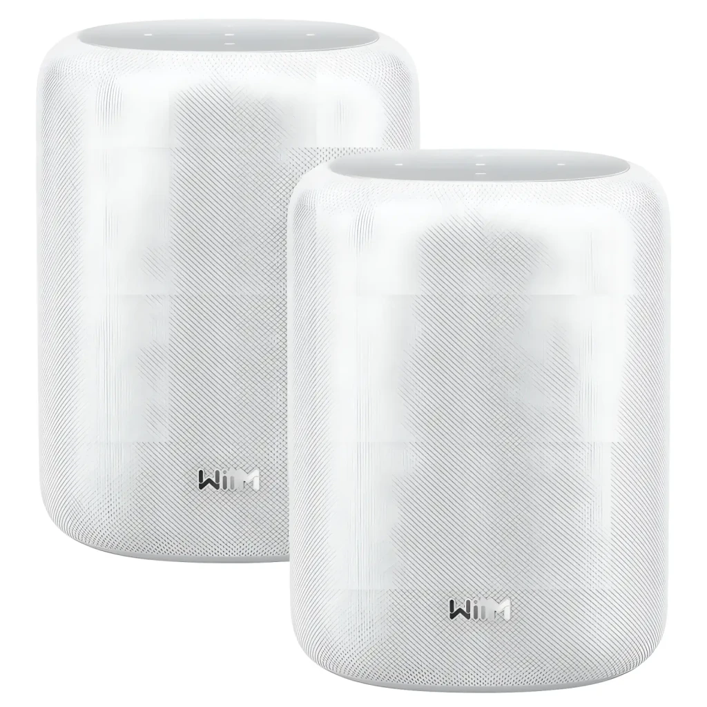 WiiM Sound Lite Twin Pack branco, vista frontal: dois altifalantes brancos cilíndricos com logo WiIM, grelha lateral visível - Item2