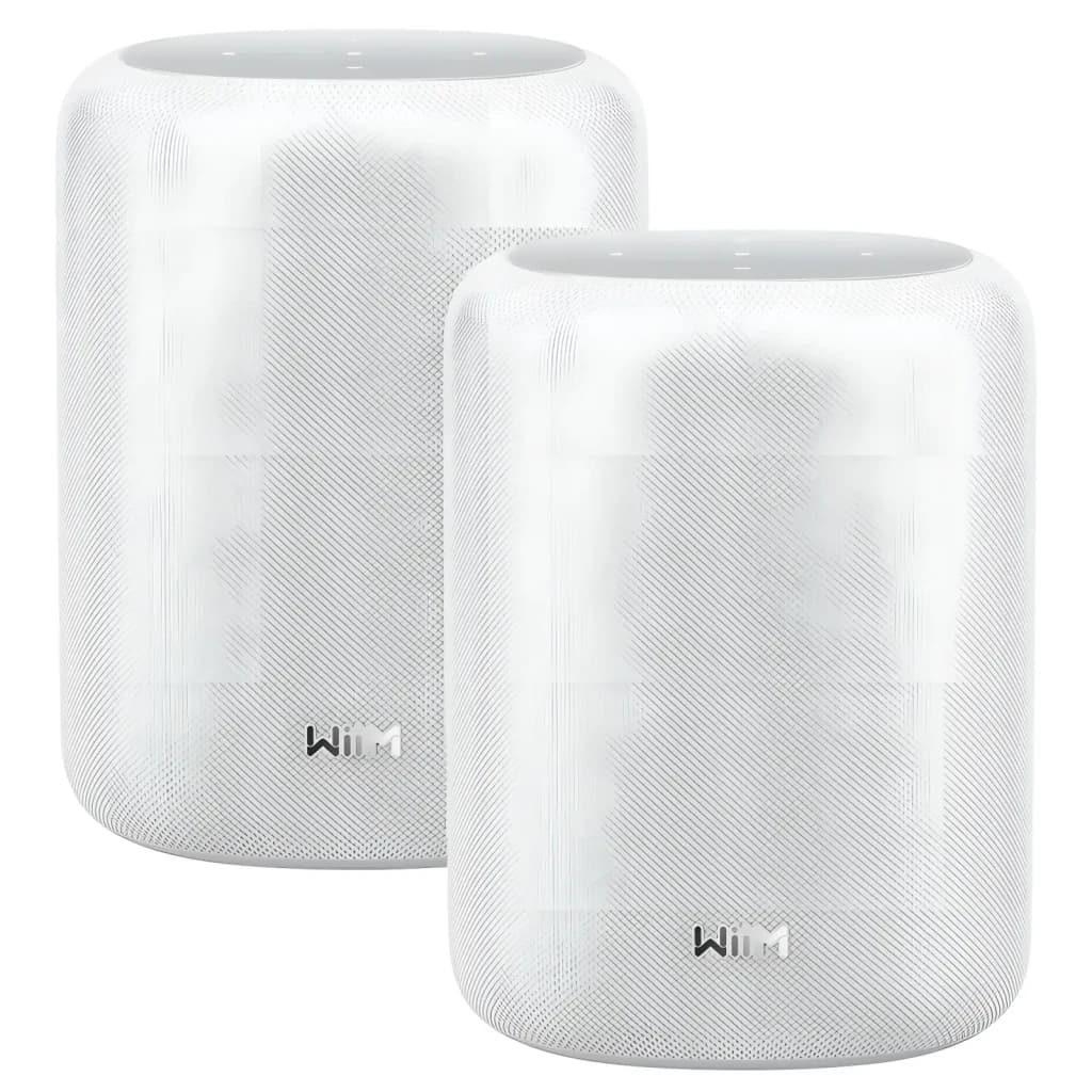 WiiM Sound Lite Twin Pack Blanco, vista frontal: dos altavoces blancos con rejilla textil y logo WiiM