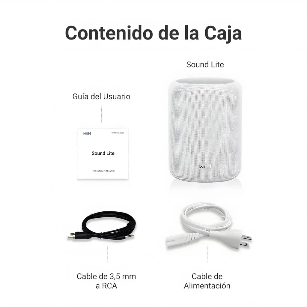 WiiM Sound Lite Twin Pack blanco, contenido de caja: altavoz, guía de usuario, cable 3,5 mm a RCA y cable de alimentación