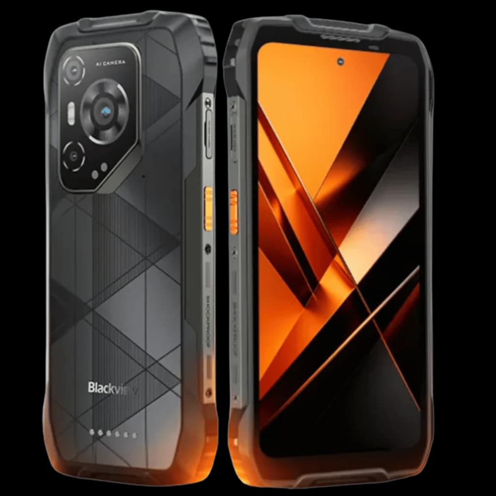 Blackview BL7000 Pro 5G orange robuste avec écran FHD+ 120 Hz, bords renforcés, dos texturé géométrique, double module photo pro et boutons latéraux