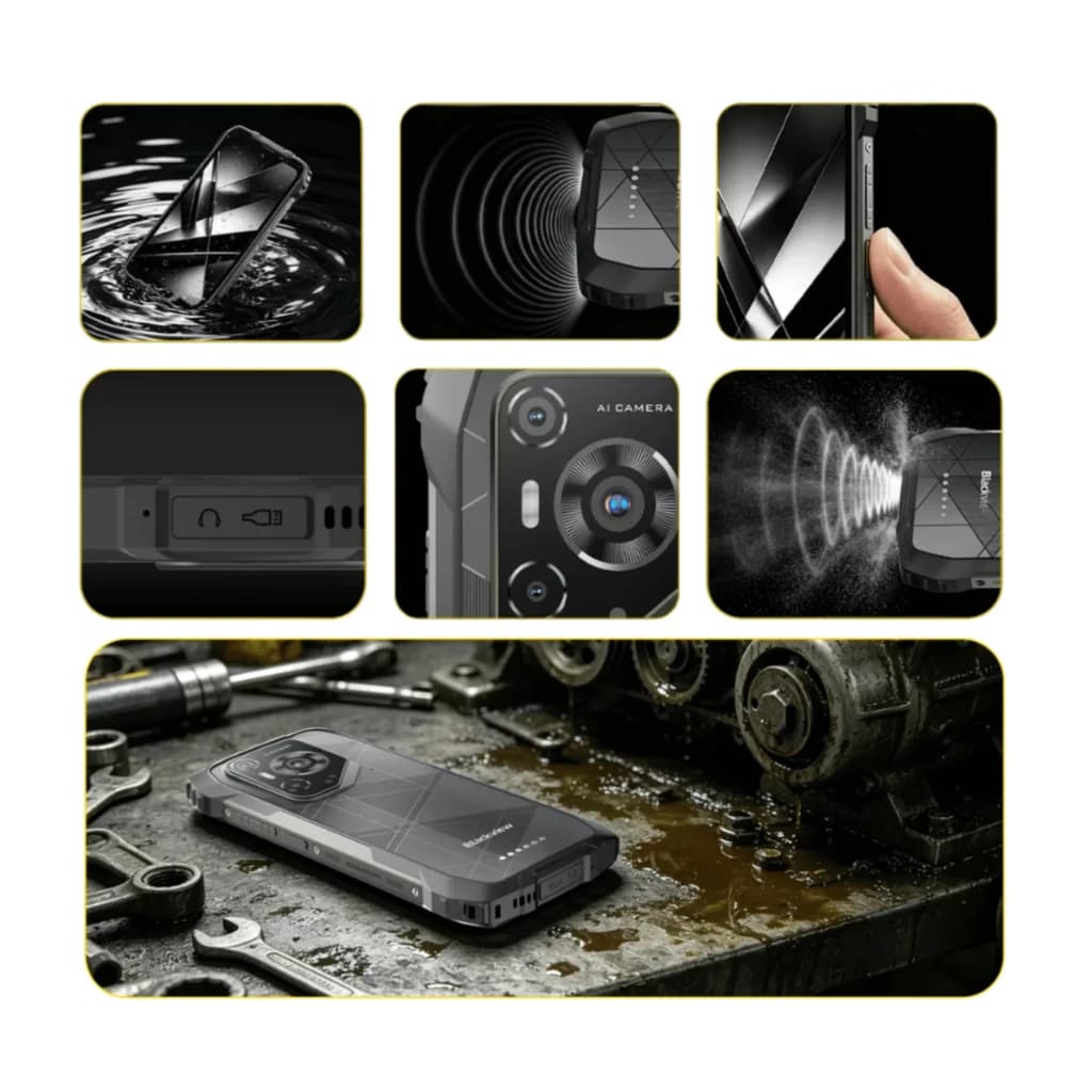 Blackview BL7000 Pro 5G orange, châssis robuste antichoc, étanche, écran FHD+ 120 Hz, module caméra AI, ports scellés, tactile utilisable sous la pluie