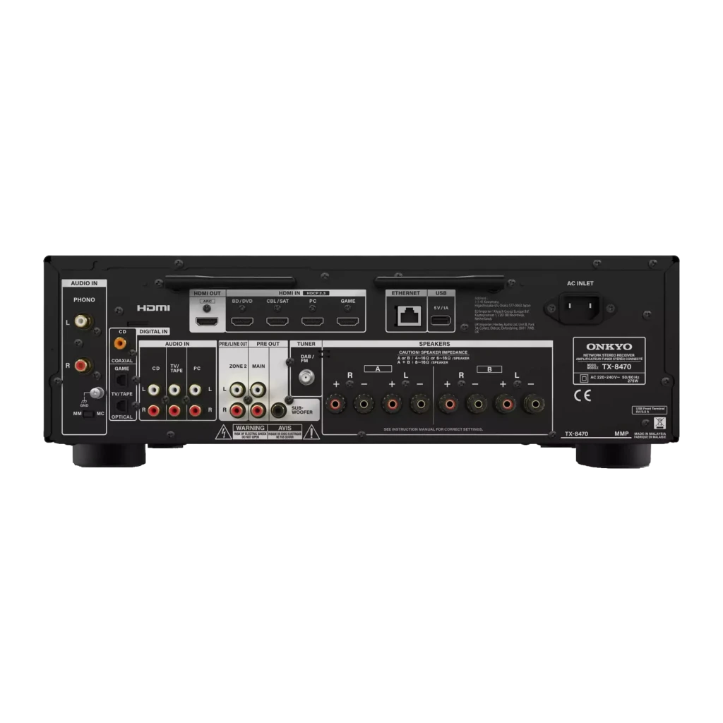 Receptor estéreo Onkyo TX-8470 negro con pantalla LED verde, gran perilla de volumen, botones frontales, entradas jack y USB, diseño metálico elegante - Ítem4