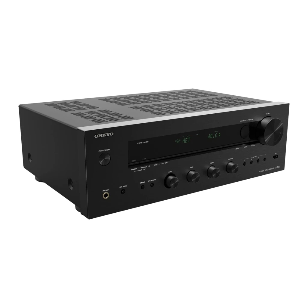 Receptor estéreo Onkyo TX-8470 negro con pantalla LED verde, gran perilla de volumen, botones frontales, entradas jack y USB, diseño metálico elegante - Ítem1
