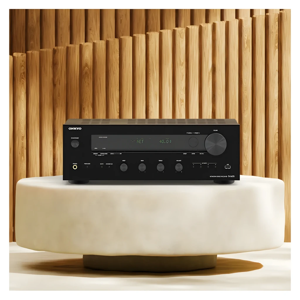 Receptor estéreo Onkyo TX-8470 negro con pantalla LED verde, gran perilla de volumen, botones frontales, entradas jack y USB, diseño metálico elegante - Ítem3