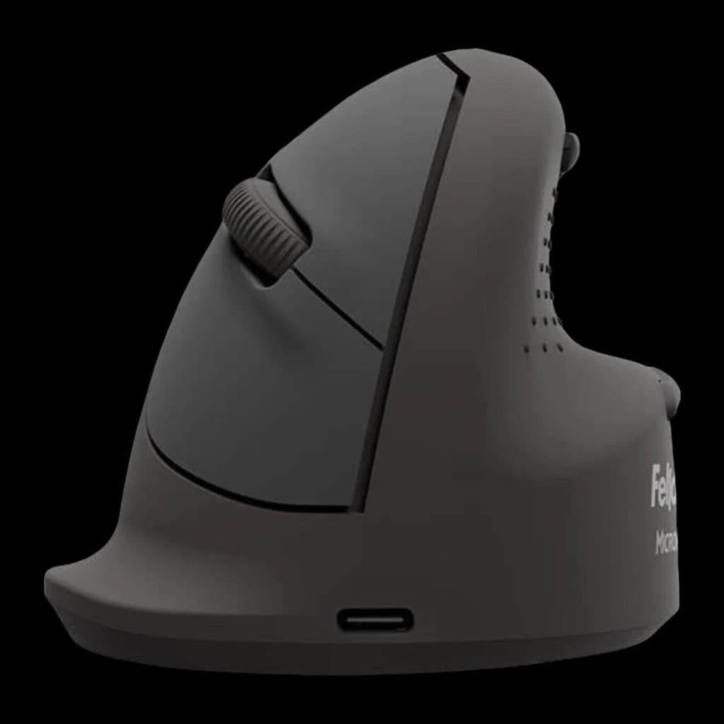 Fellowes Breyta Plus+ taille L gaucher noir, vue latérale: molette de défilement, boutons latéraux et port USB-C sur la base