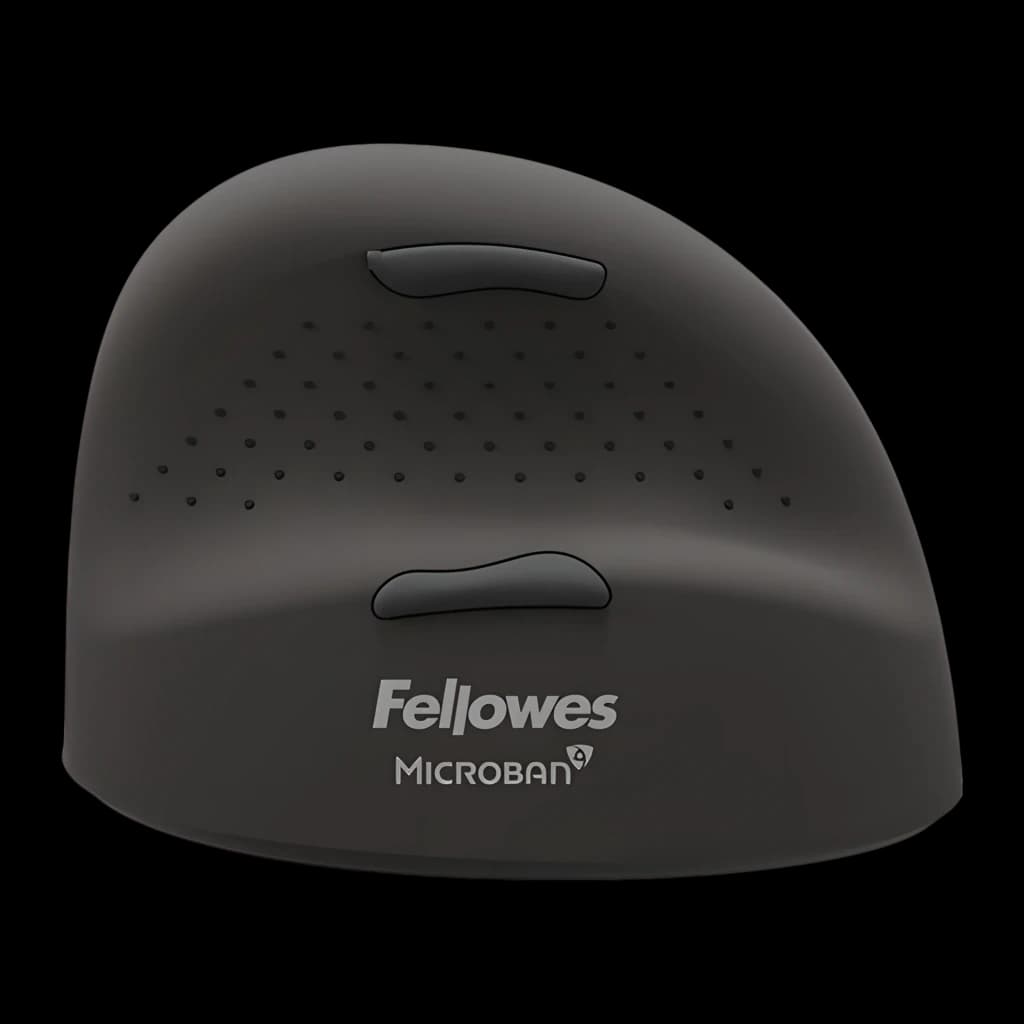 Fellowes Breyta Plus+ taille L gaucher noir, vue du dessus: boutons, zone texturée et logo Fellowes Microban