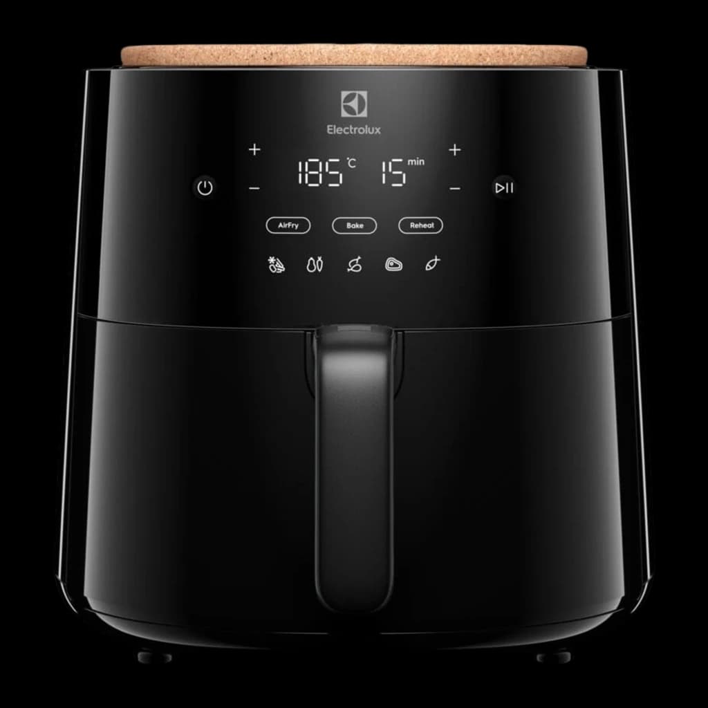 Electrolux Friteuse à air EAF5B 5L 1500W noir, vue de face: panneau tactile LED avec modes AirFry Bake Reheat et couvercle