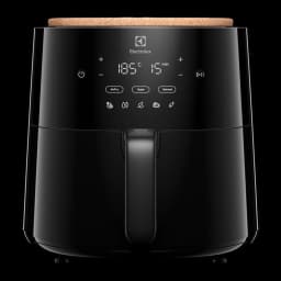 Electrolux Friteuse à air EAF5B 5L 1500W noir, vue de face: panneau tactile LED avec modes AirFry Bake Reheat et couvercle