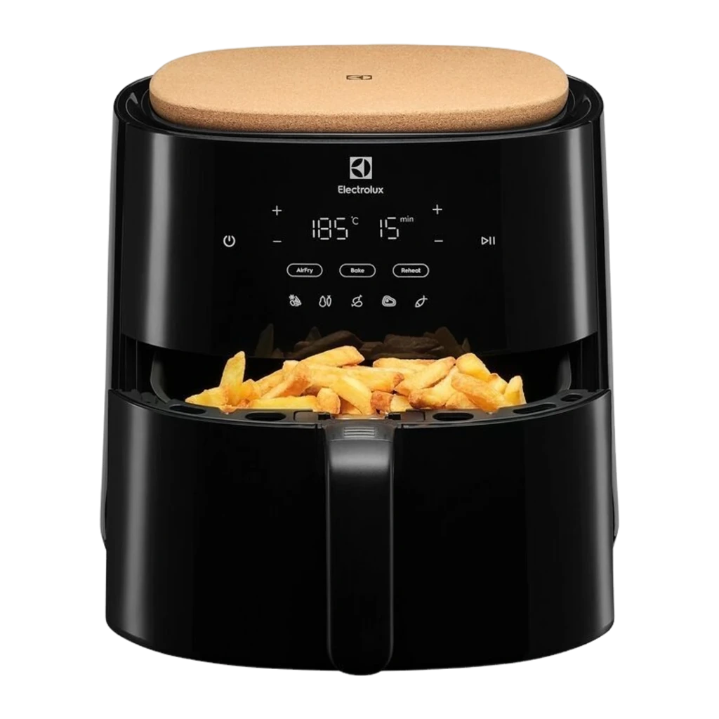 Electrolux Friteuse à air EAF5B 5L 1500W noir, vue de face: panneau tactile LED avec modes AirFry Bake Reheat et couvercle - Ítem2