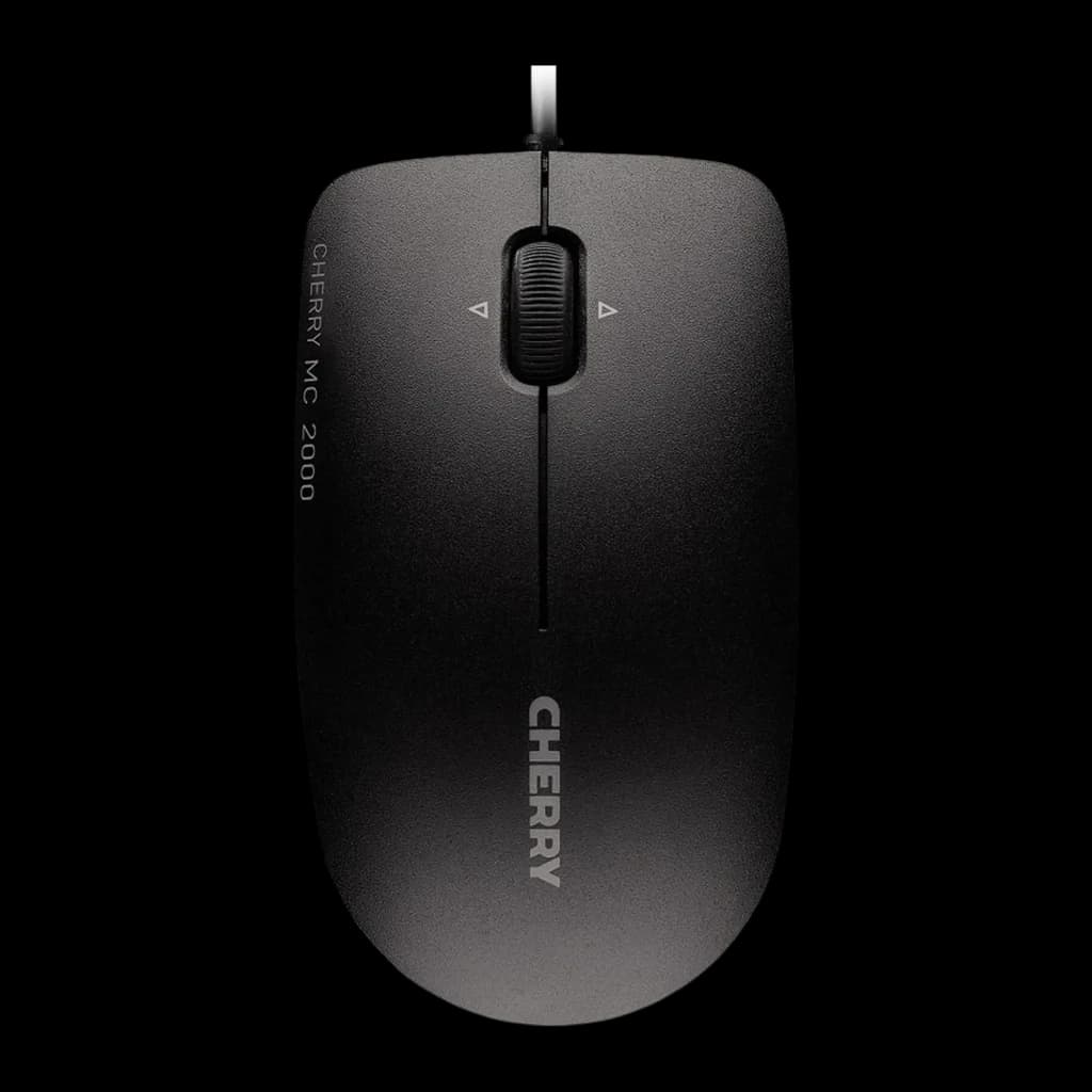 Cherry Ratón MC 2000 negro, vista superior: rueda de scroll central y logo Cherry sobre fondo oscuro