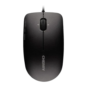 Cherry Rato MC 2000 preto, vista superior: roda de scroll central e logótipo Cherry em fundo escuro