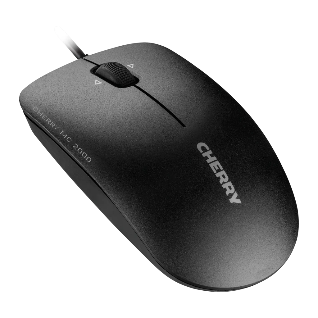 Cherry Rato MC 2000 preto, vista superior: roda de scroll central e logótipo Cherry em fundo escuro - Item1