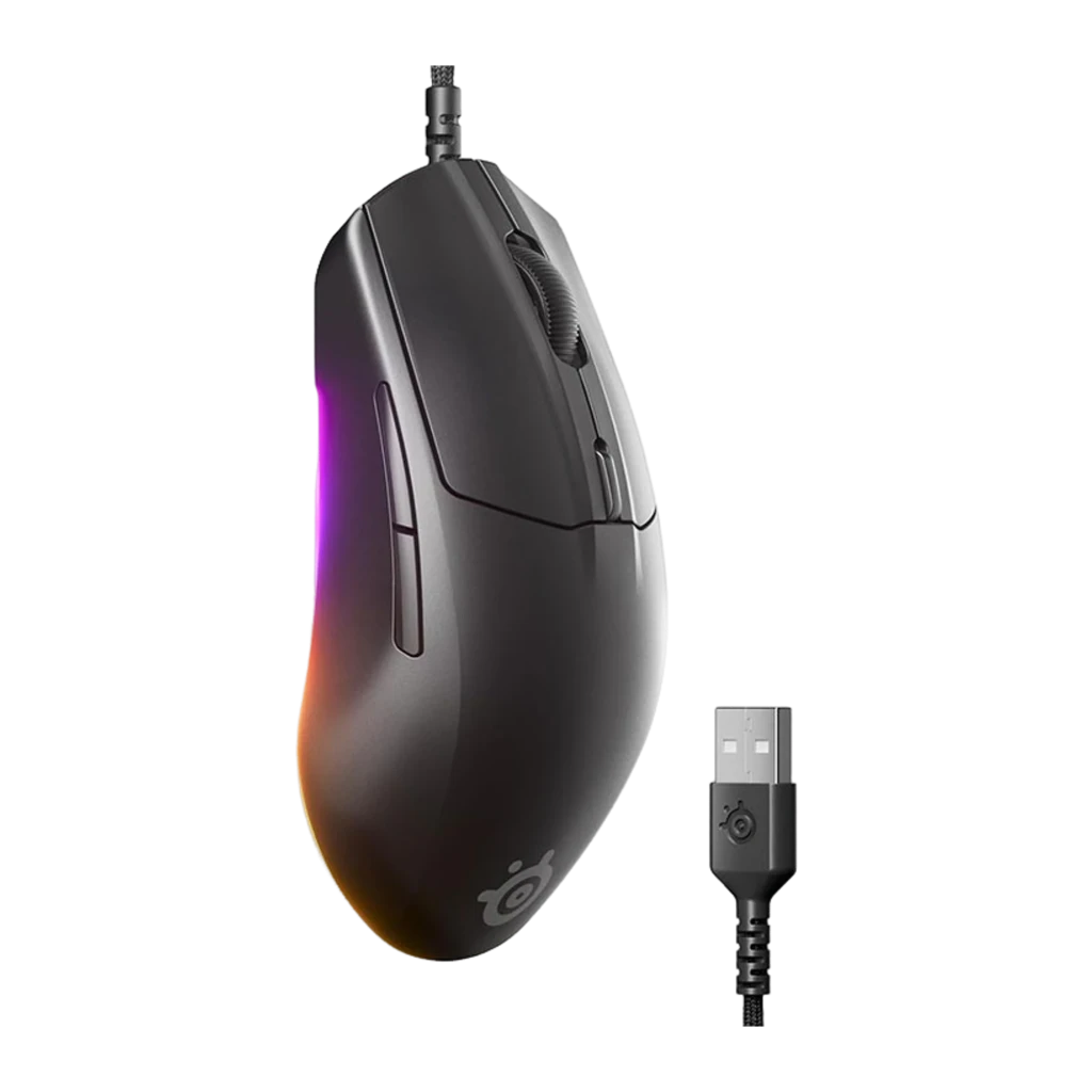 SteelSeries Rival 3 Gen 2 negro, vista diagonal frontal: superficie mate, rueda, botones laterales y RGB en la base - Ítem3