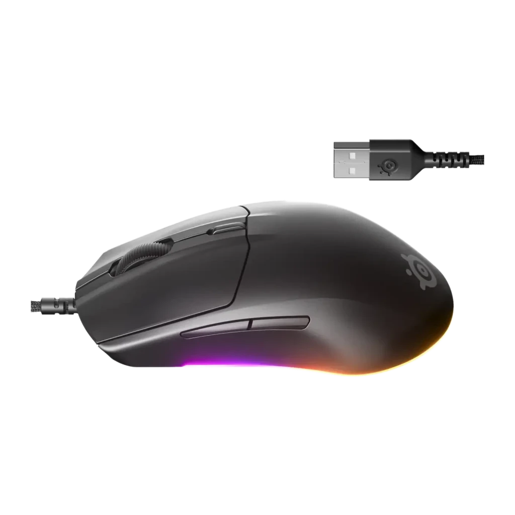SteelSeries Rival 3 Gen 2 negro, vista diagonal frontal: superficie mate, rueda, botones laterales y RGB en la base - Ítem4