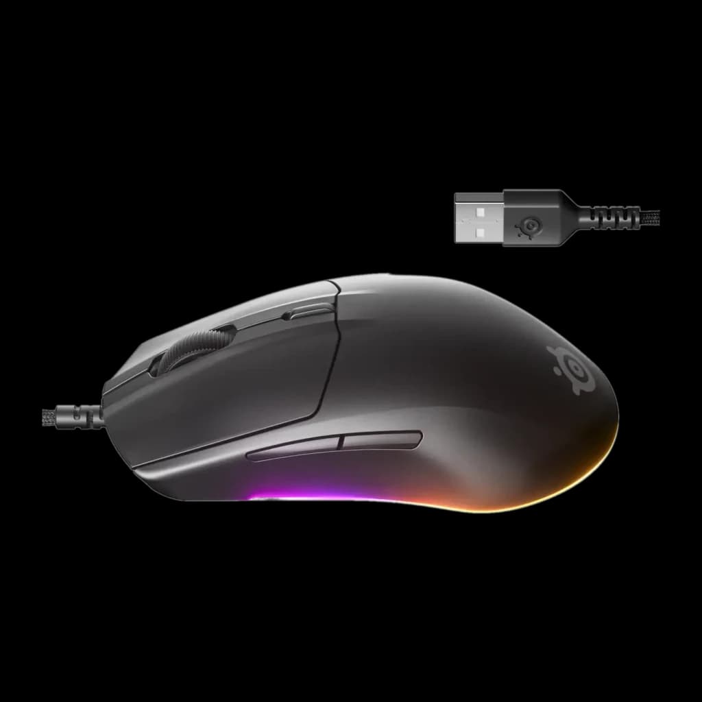 SteelSeries Rival 3 Gen 2 preto, kit vista lateral direita: botões laterais visíveis, RGB na base e conector USB no canto