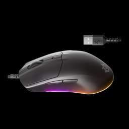 SteelSeries Rival 3 Gen 2 preto, kit vista lateral direita: botões laterais visíveis, RGB na base e conector USB no canto