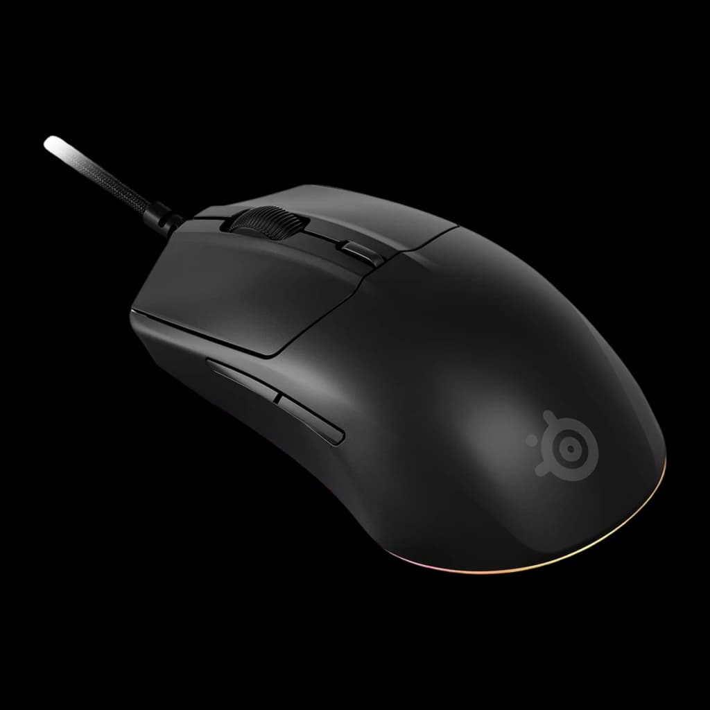 SteelSeries Rival 3 Gen 2 preto, vista diagonal frontal: superfície mate, roda, botões laterais e RGB na base