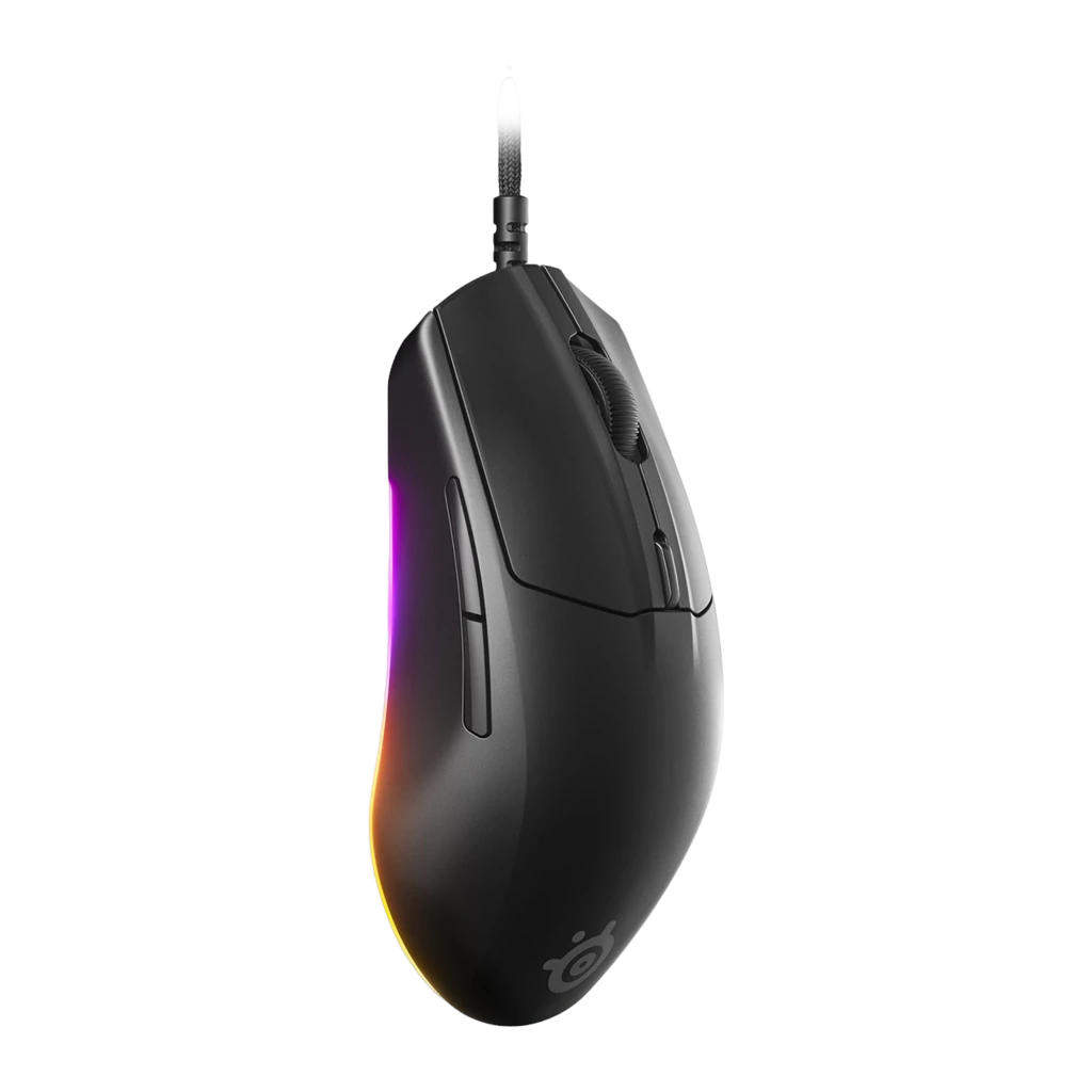 SteelSeries Rival 3 Gen 2 negro, vista diagonal frontal: superficie mate, rueda, botones laterales y RGB en la base - Ítem1
