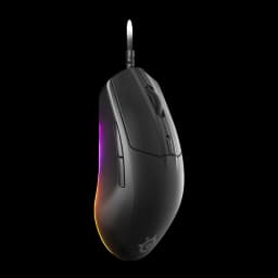 SteelSeries Rival 3 Gen 2 preto, vista lateral esquerda: iluminação RGB violeta e laranja na base, logo SteelSeries