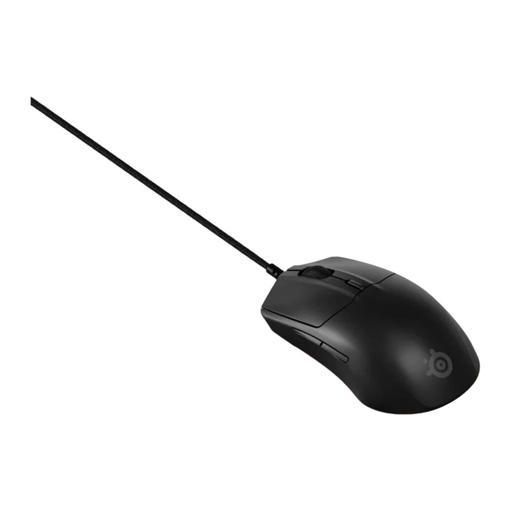 SteelSeries Rival 3 Gen 2 negro, vista diagonal frontal: superficie mate, rueda, botones laterales y RGB en la base - Ítem2
