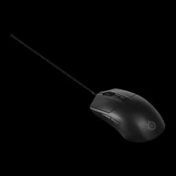 SteelSeries Rival 3 Gen 2 preto, vista superior em ângulo: cabo trançado, perfil completo sem iluminação RGB ativa