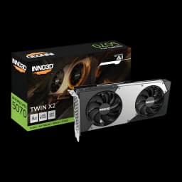 Inno3D GeForce RTX 5070 Twin X2 OC negra, vista frontal con caja: tarjeta y packaging negro con dos ventiladores y logo