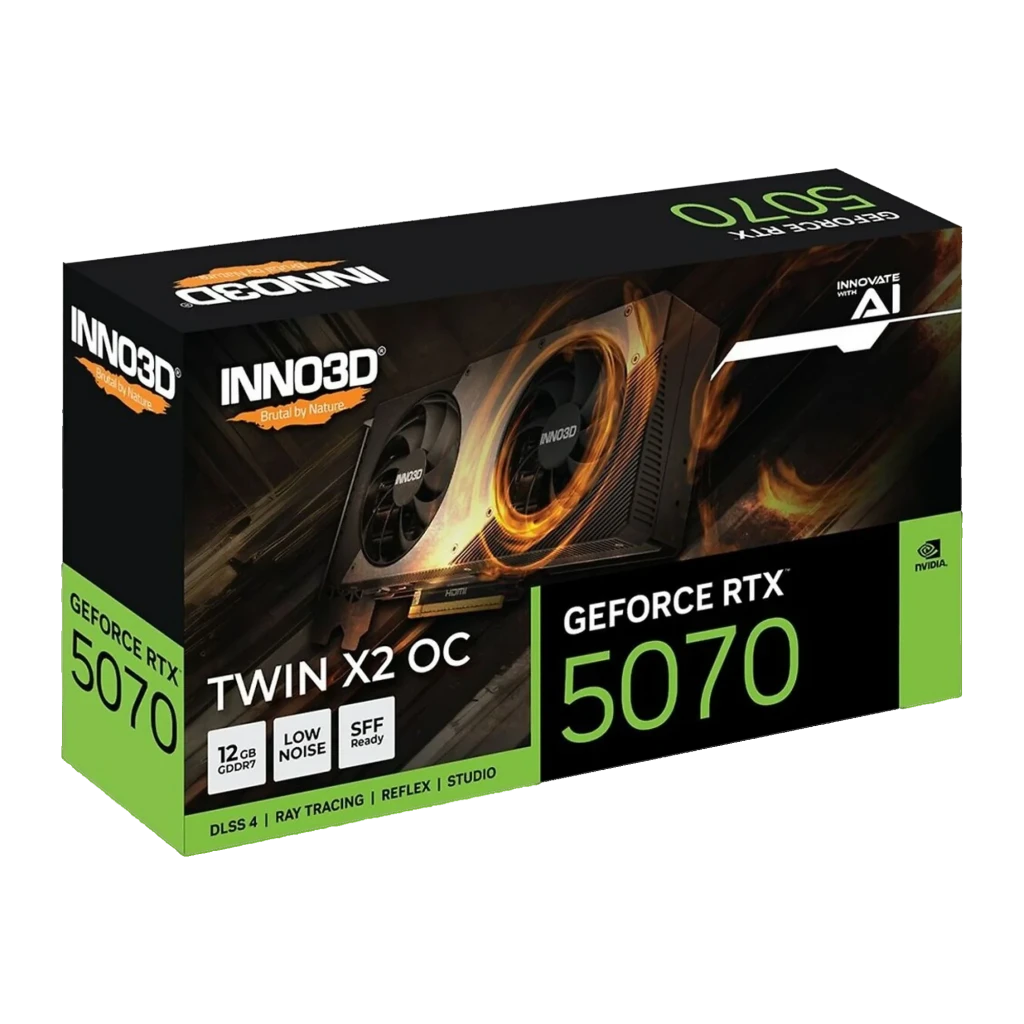 Inno3D GeForce RTX 5070 Twin X2 OC preta, vista frontal com caixa: placa e embalagem preta com dois ventoinhas e logo Inno3D - Item1