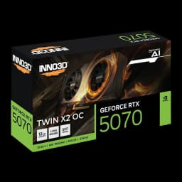 Inno3D GeForce RTX 5070 Twin X2 OC negra, caja: packaging en perspectiva con logo, doble ventilador y especificaciones 12GB